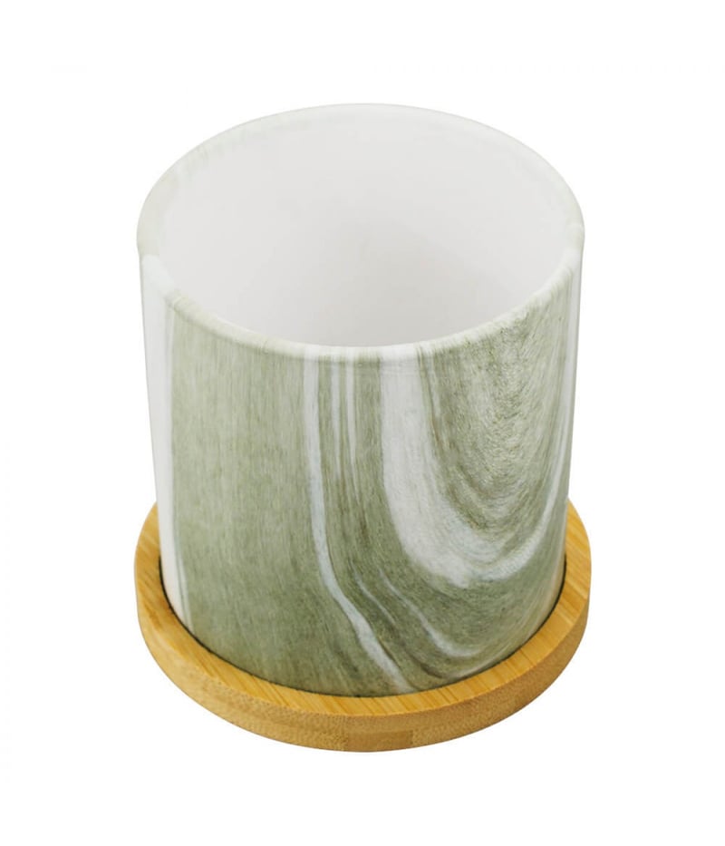 Vaso Porcelana Verde Estilo Mármore Base Bambu 9.5x9x9cm