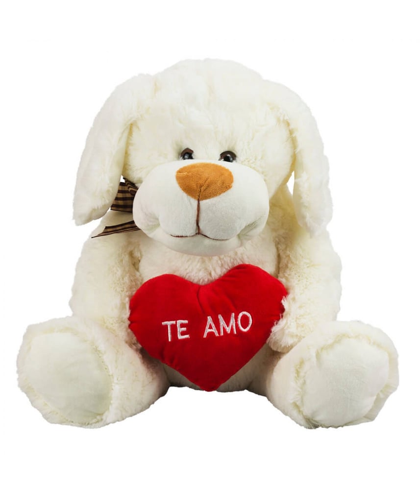 Cachorro Branco Sentado Coração Te Amo 31cm - Pelúcia