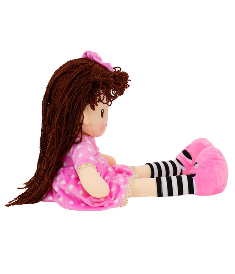 Boneca Vestido Rosa Cabelo Cacheado 48cm