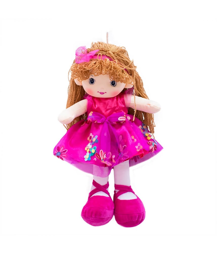 Boneca Vestido Pink Cabelo Castanho Claro Encaracolado 46cm