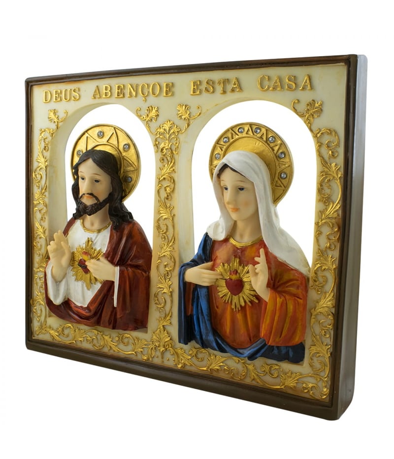 Quadro Sagrado Coração De Jesus e Maria 25.5x30cm - Enfeite Resina
