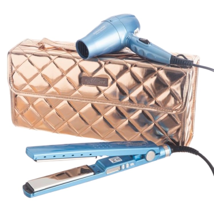 Kit Prancha Nano Titanium + secador Mini com Bolsa Ouro Rosa