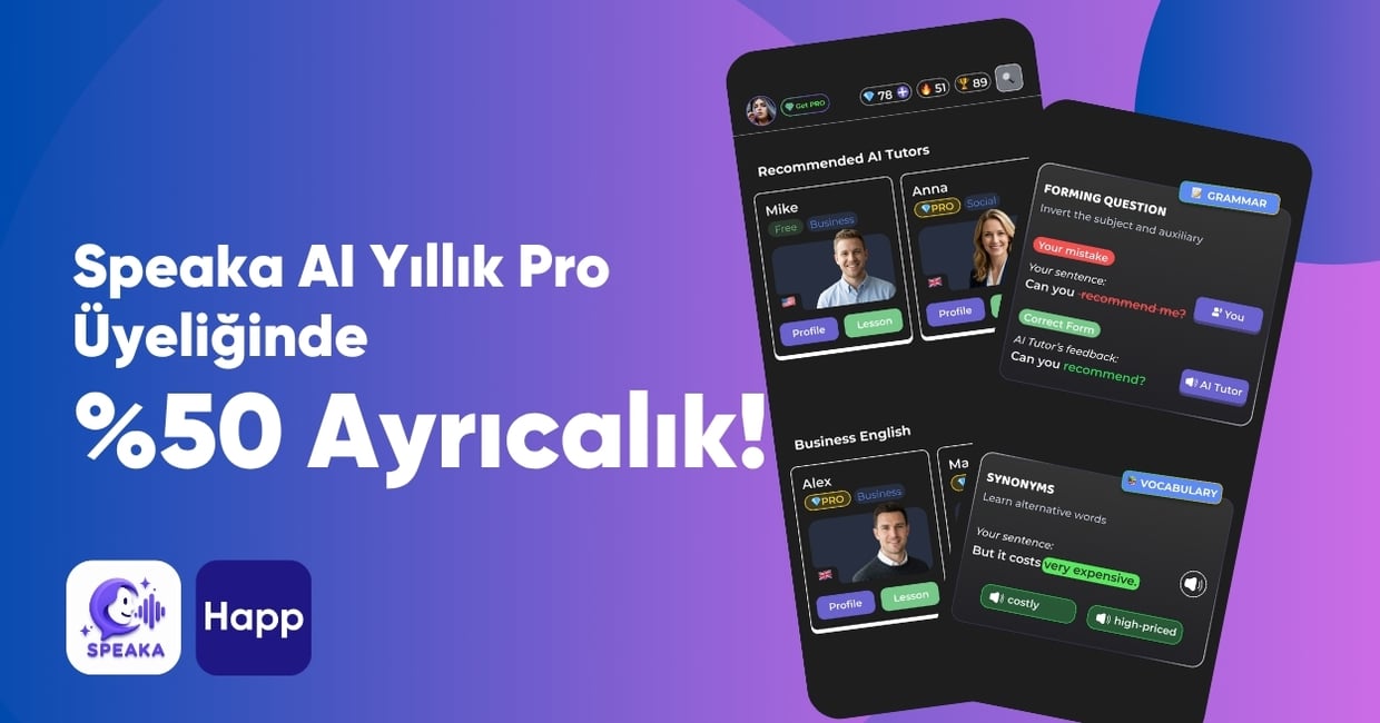 Happ Health Kullanıcılarına Özel Speaka AI Yıllık PRO Üyeliğinde %50 Ayrıcalık