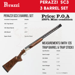 Perazzi SC3 Shotgun + 12ga Trap Barrel + 12ga Skeet Barrel + 20ga Barrel Set + Spare Sporter Skeet Stock - Preloved