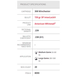 Hornady American Whitetail .308 Win 150gr InterLock SP 20 Rounds