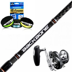 Shimano Torium 20PG-A Overhead Reel + Shimano Backbone Jig 5'5" PE:5-8 400gm Overhead Rod + Shimano Kairiki 8 Braid 80lb 300m Multi-Colour