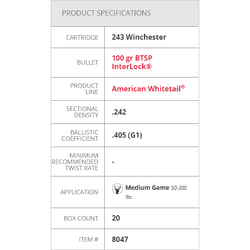 Hornady American Whitetail .243 Win 100gr InterLock SP 20 Rounds