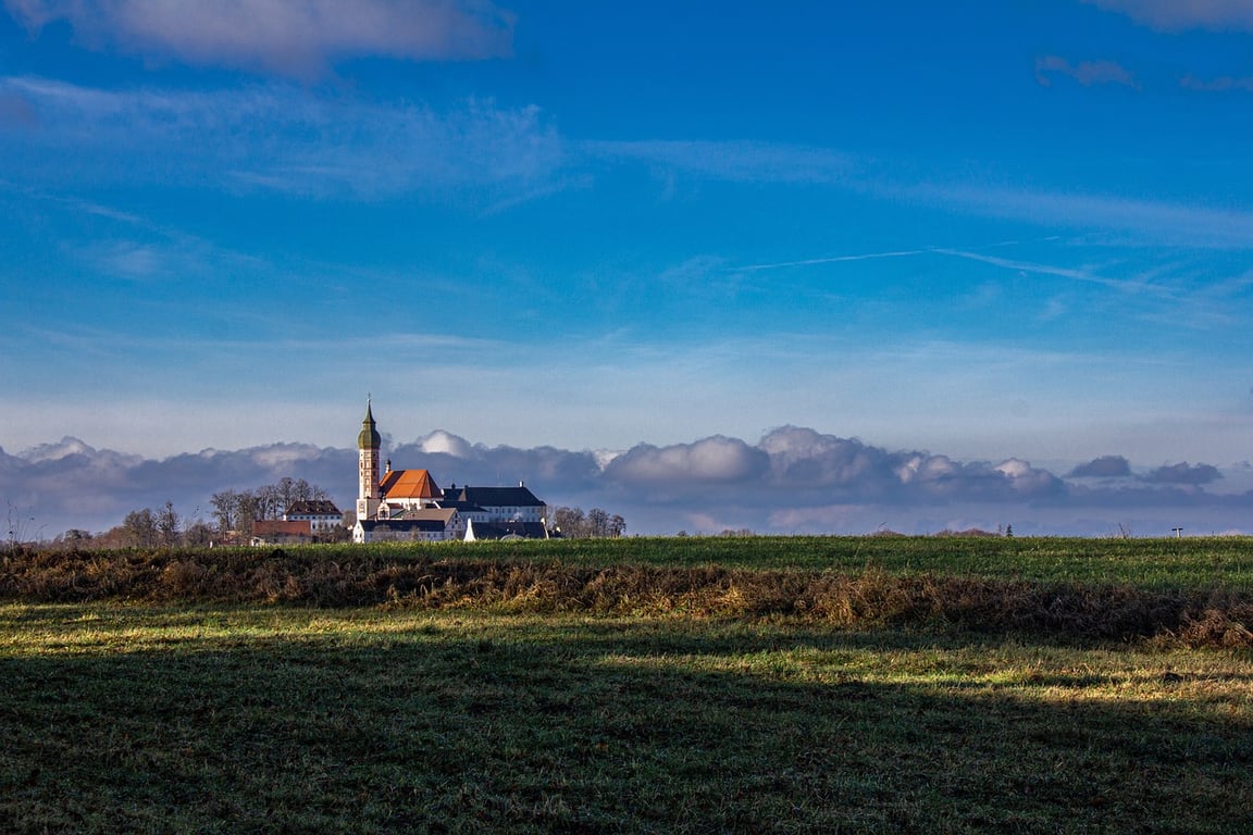 Andechs Monastery Brewery on a hill above the countryside
