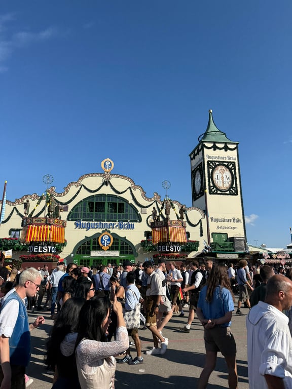Oktoberfest tent interior with festive crowd