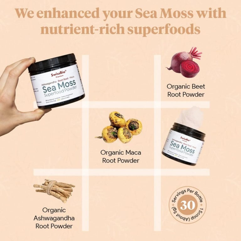 SwissBio Premium Sea Moss Superfood Powder with Ashwagandha, Beet Root & Maca | 150g - Image 1