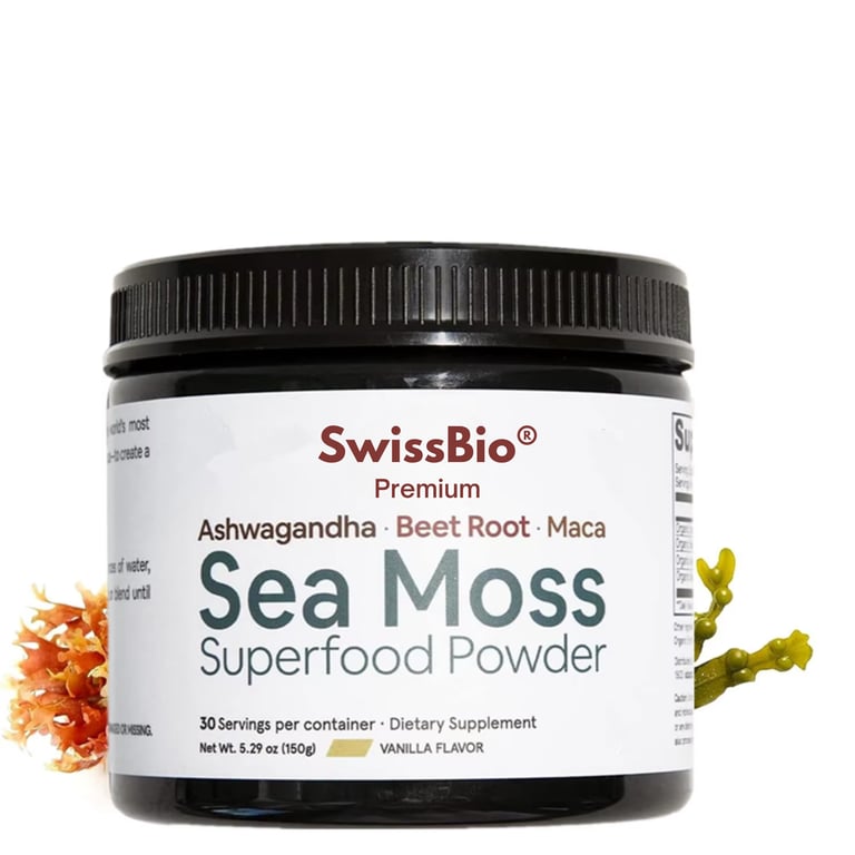 SwissBio Premium Sea Moss Superfood Powder with Ashwagandha, Beet Root & Maca | 150g