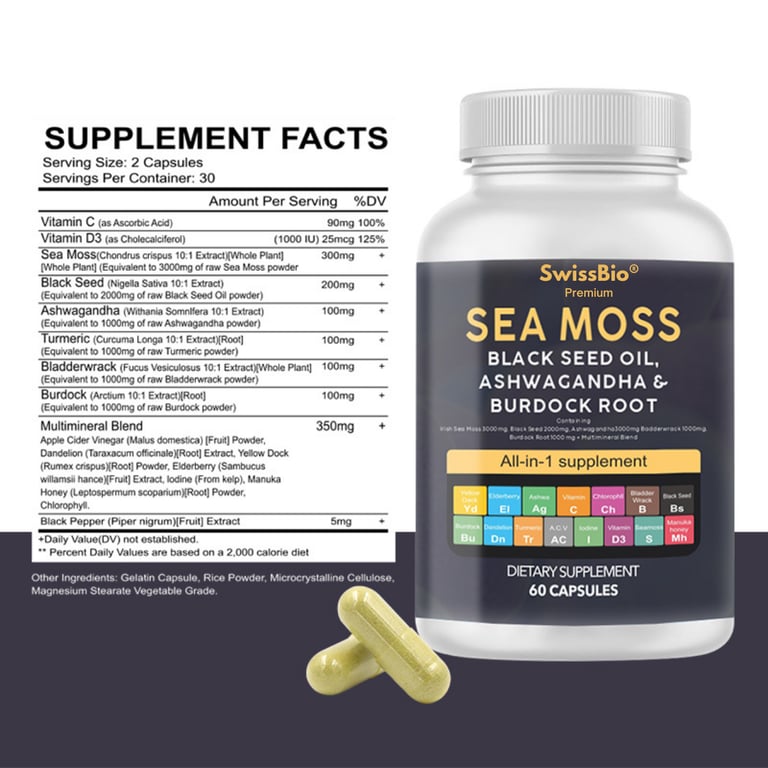 SwissBio Premium Sea Moss, Black Seed Oil, Ashwagandha & Burdock Root All-in-One Supplement - Image 1