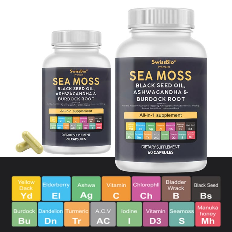 SwissBio Premium Sea Moss, Black Seed Oil, Ashwagandha & Burdock Root All-in-One Supplement - Image 2