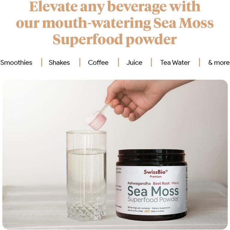 SwissBio Premium Sea Moss Superfood Powder with Ashwagandha, Beet Root & Maca | 150g - Image 3