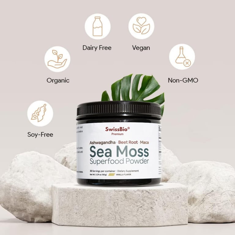 SwissBio Premium Sea Moss Superfood Powder with Ashwagandha, Beet Root & Maca | 150g - Image 2