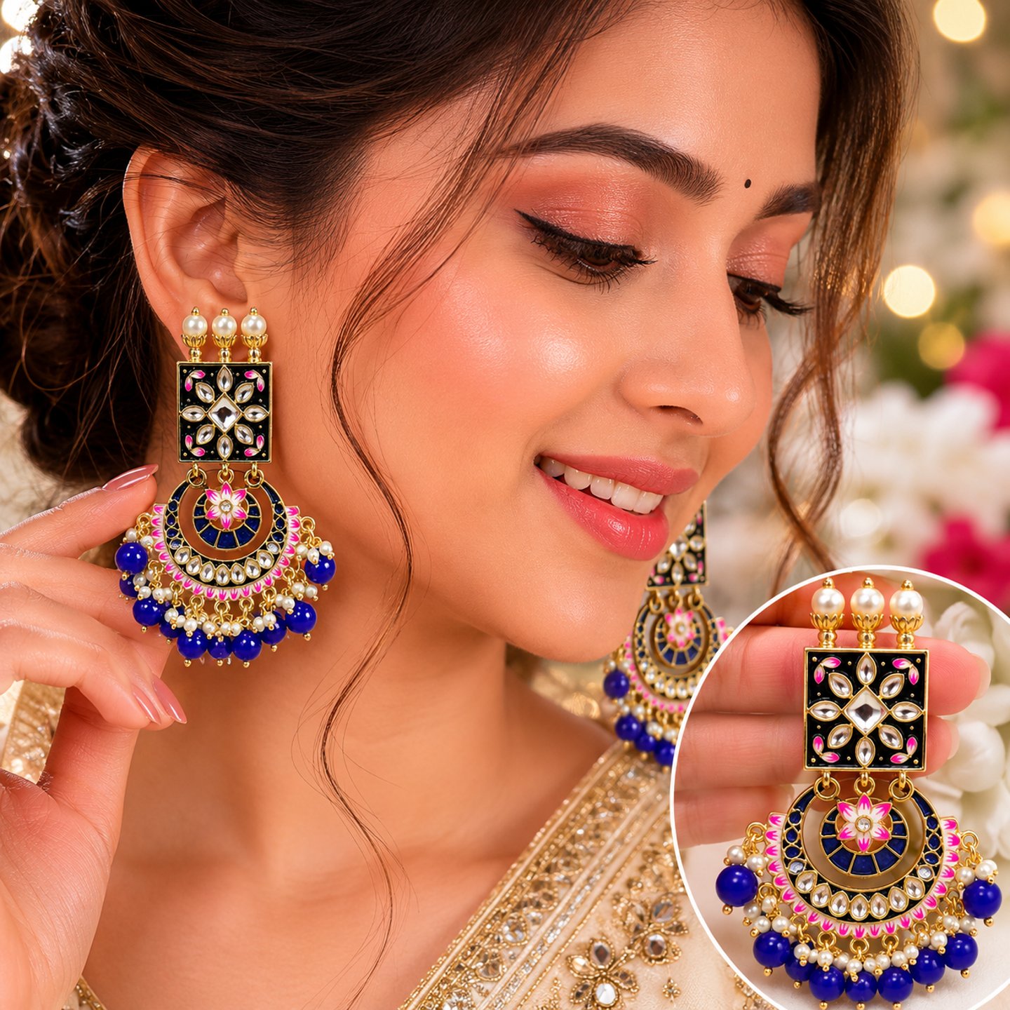 Rashika Meenakari Chandabali with Hanging Pearls