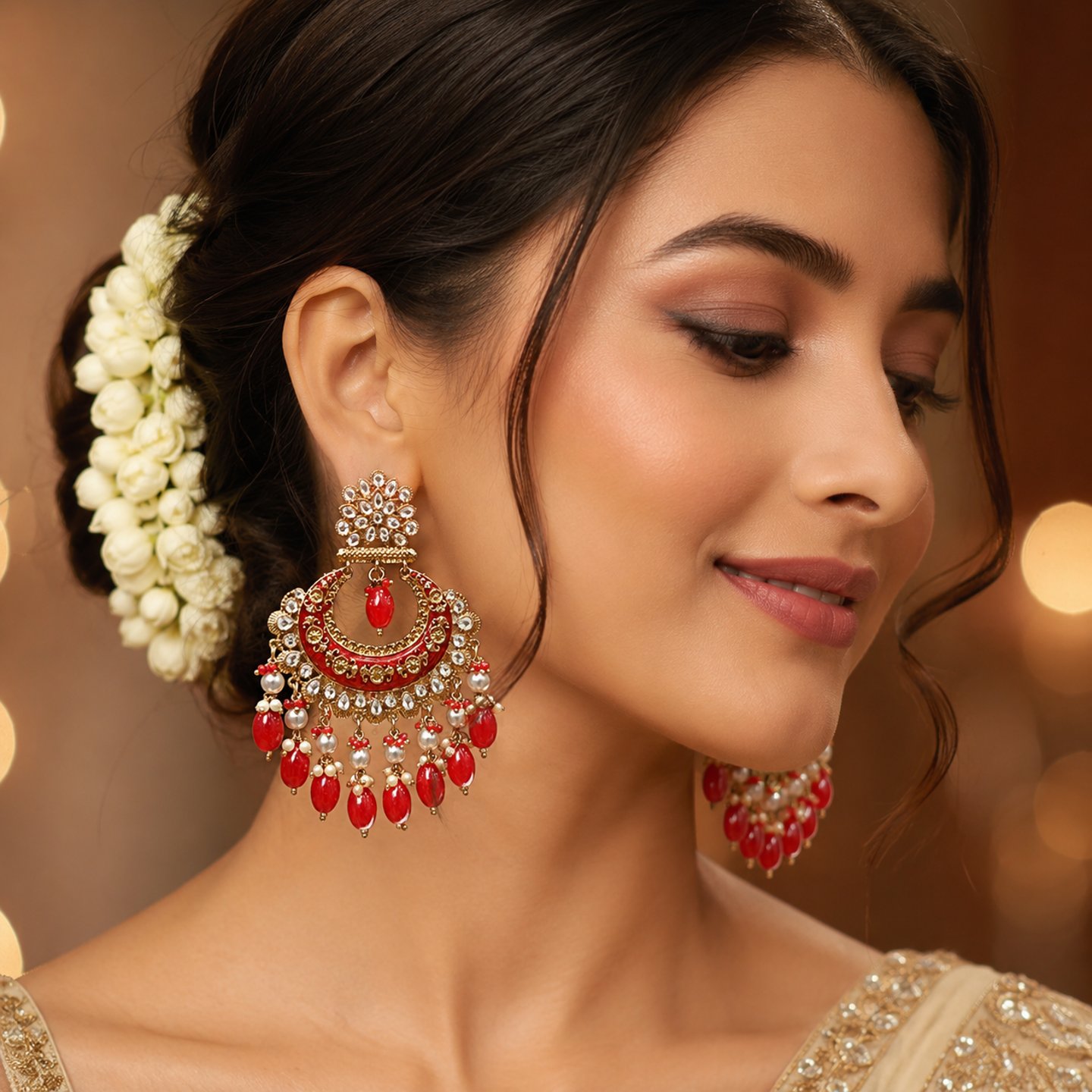 Vanshika Kundan Meenakari Chandbali with Hanging Pearls