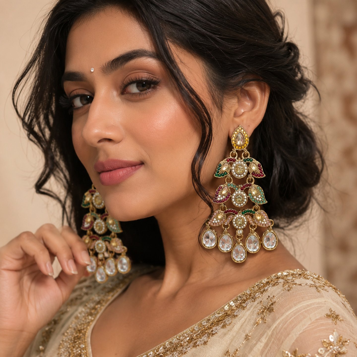 Saranya Jadau Pearls Triple Layer Earrings