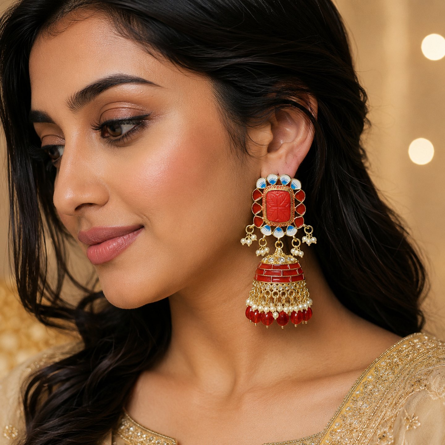 Isha Meenakari Kundan Colorful Jhumkas with Hanging Pearls