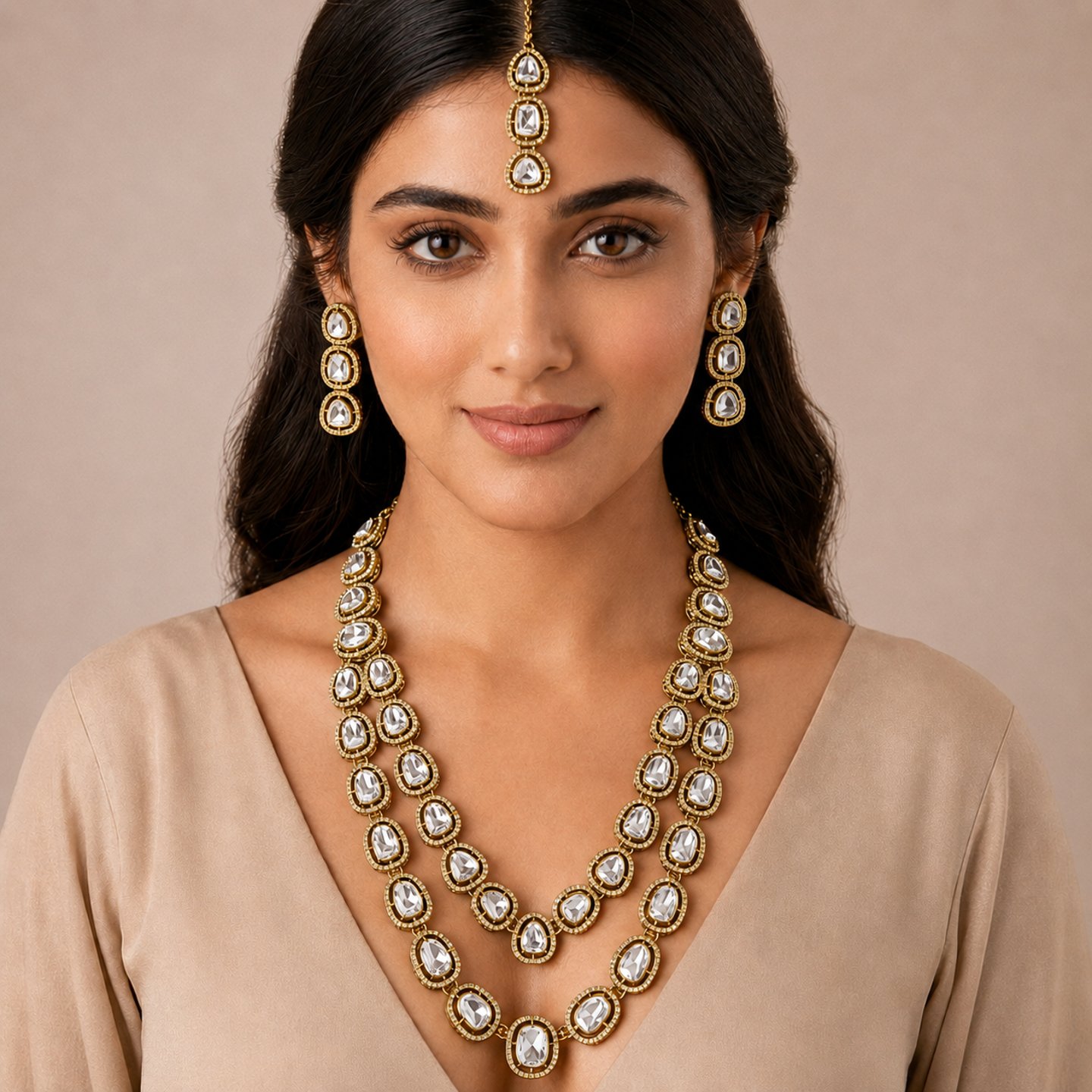 Rutvika Double Layer Uncut Kundan Long Necklace Set with Maang Tikka
