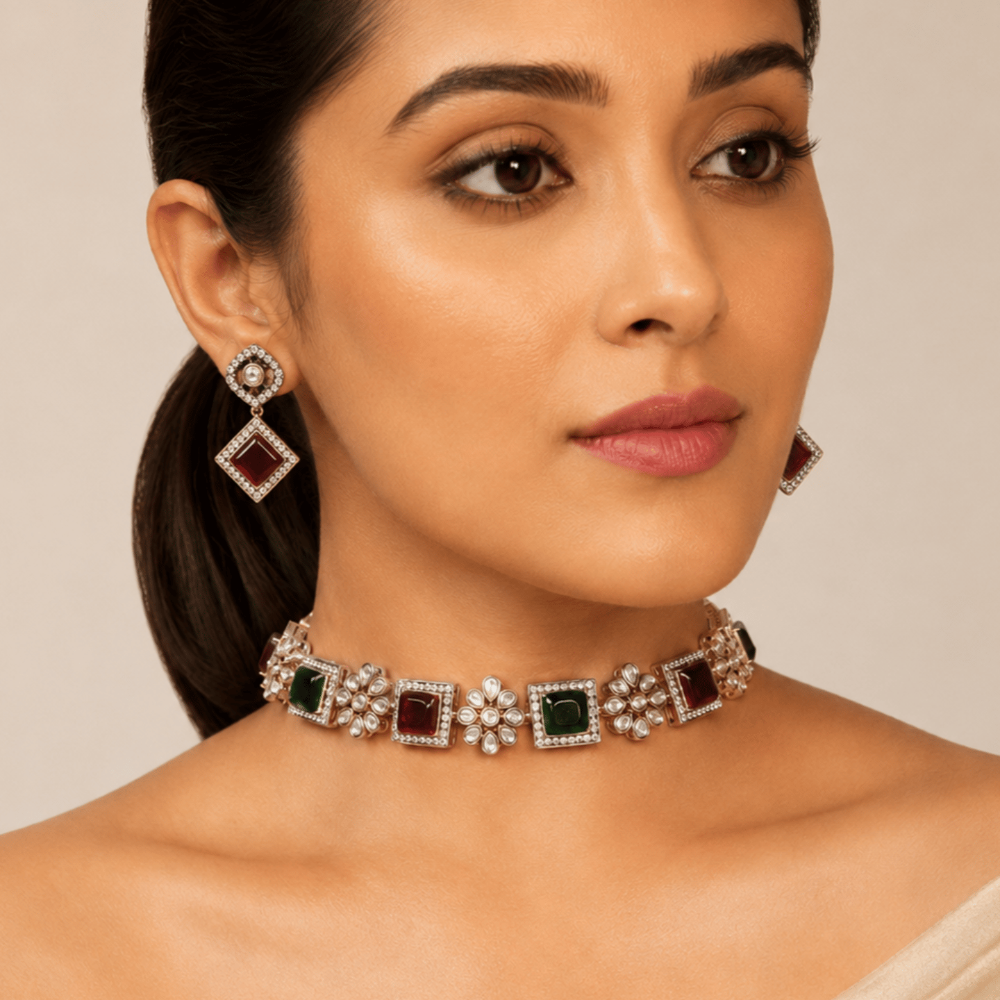 Maniya Sleek Victorian Zercon and Monalisa Stone Necklace Set