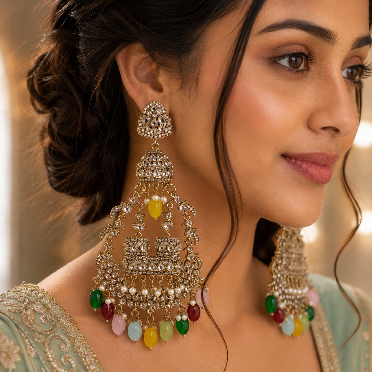 Rupali Oversided Kundan Earrings with Hanging Pearls