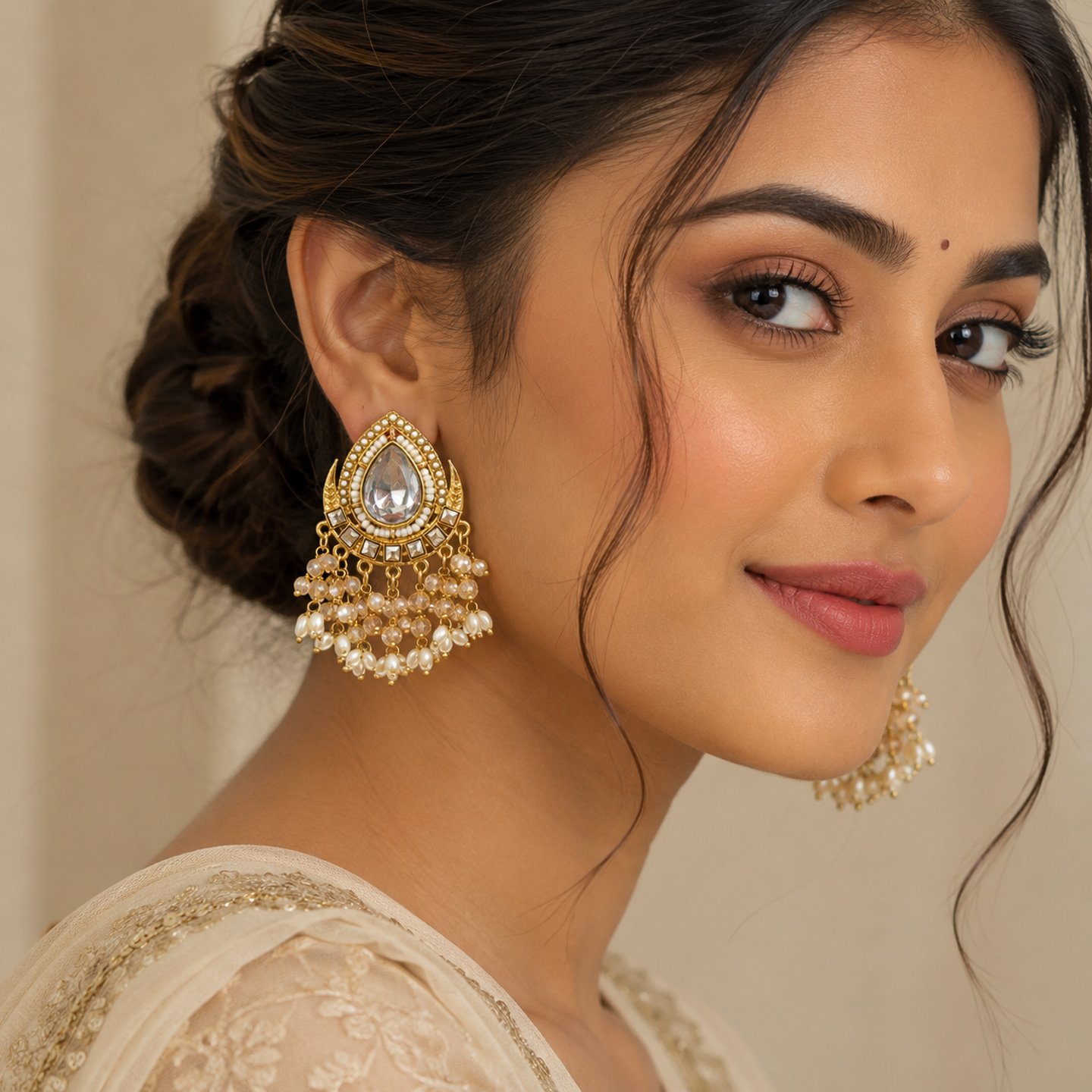 Kavya Acrylic Kundan Earrings with Hanging Pearls