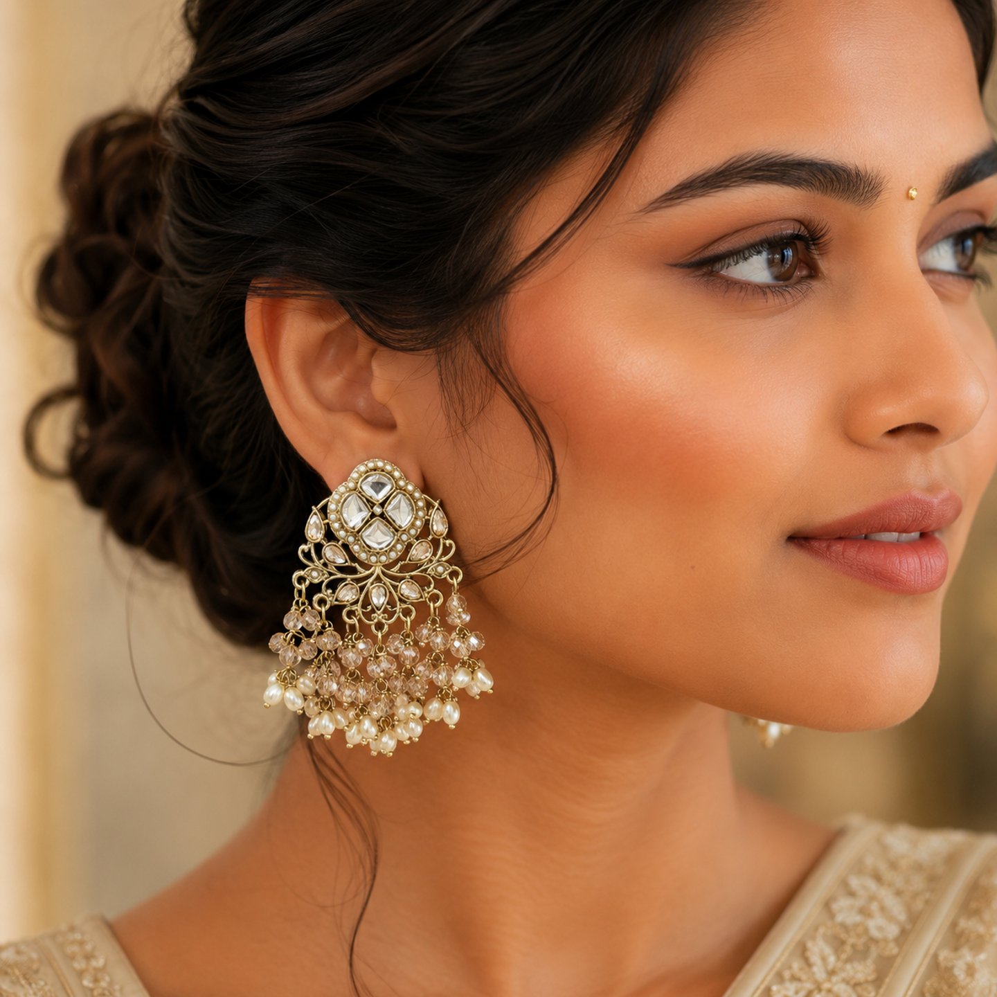 Bhoomi Kundan Studs With Hanging Crystal Pearls