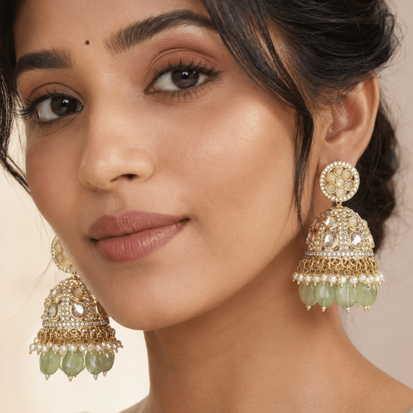Nikiyat Zercon and Kundan Jhumkas with Mint Crystals