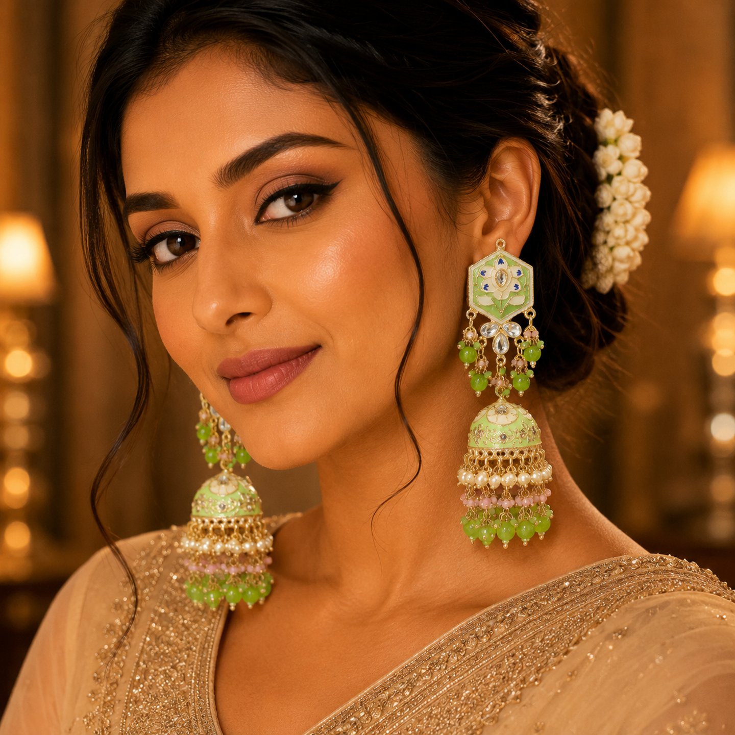 Rupali Meenakari Handwork and Kundan Jhumkas with Pearl Latkans