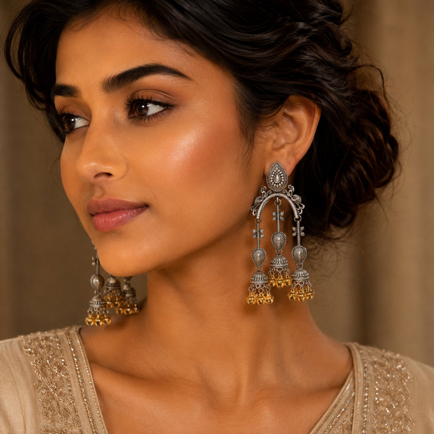 Ekta Dual-Tone Oxidized Earrings with Hanging Ghungroos