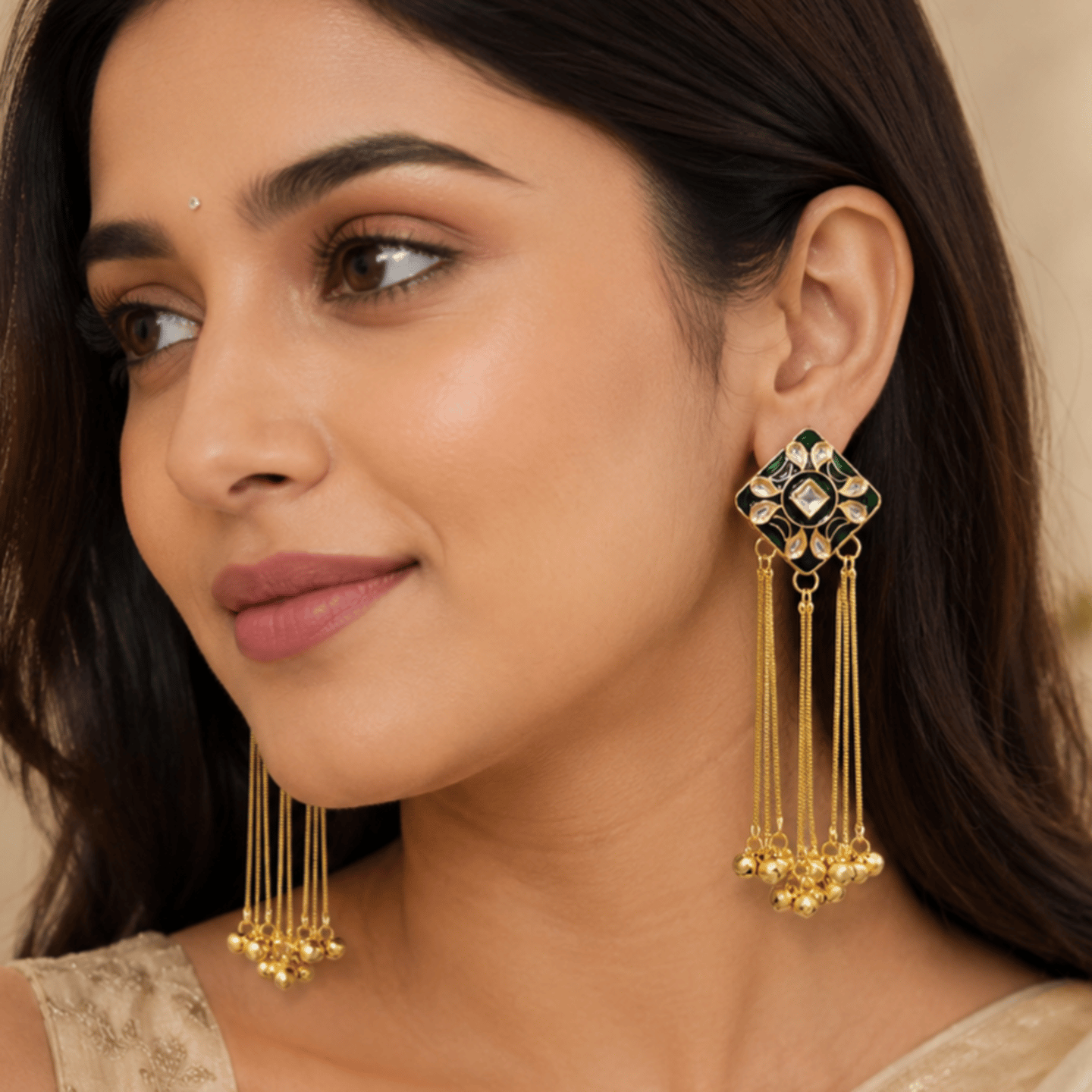 Taniya Uncut Kundan Kashmiri Earrings Long Hanging Chain