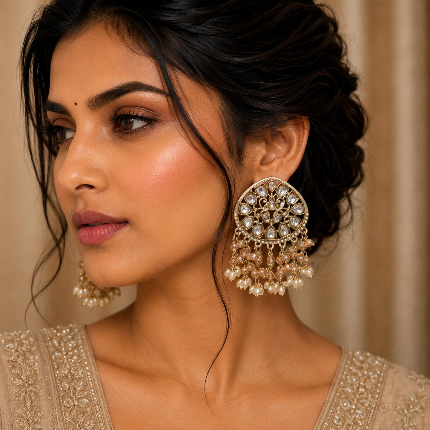 Himanshi Acrylic Kundan Studs with Hanging Crystal Pearls
