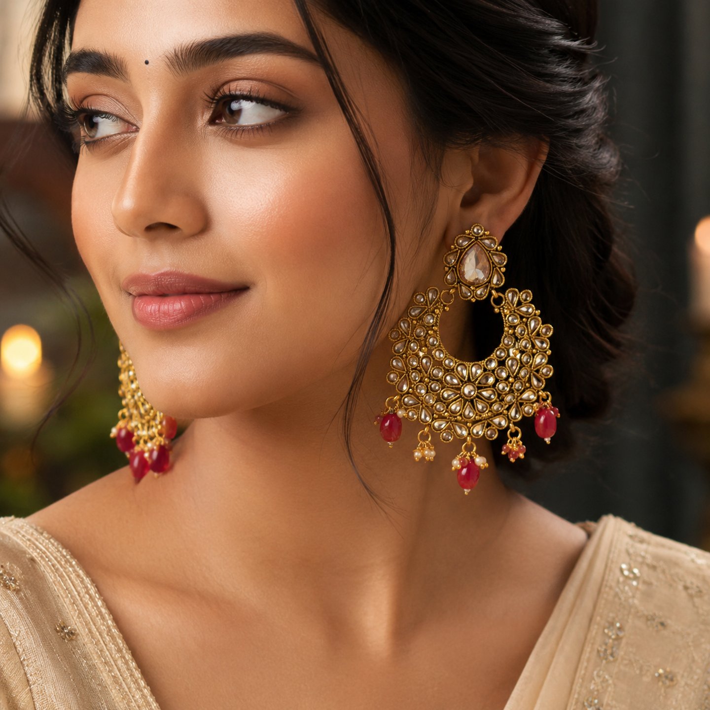 Falak Gold Plated Premium Quality Polki Stone Chandbalis