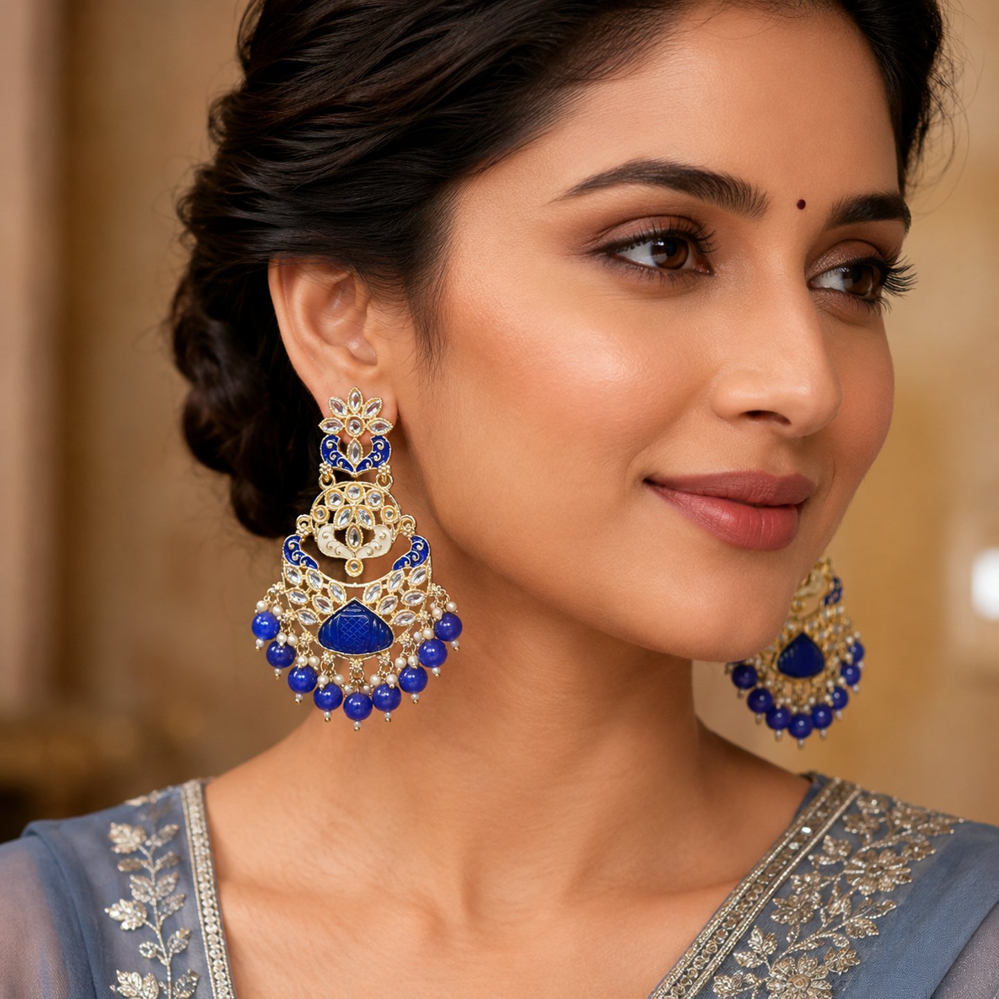 Sona Meenakari Kundan Earrings with Hanging Pearls