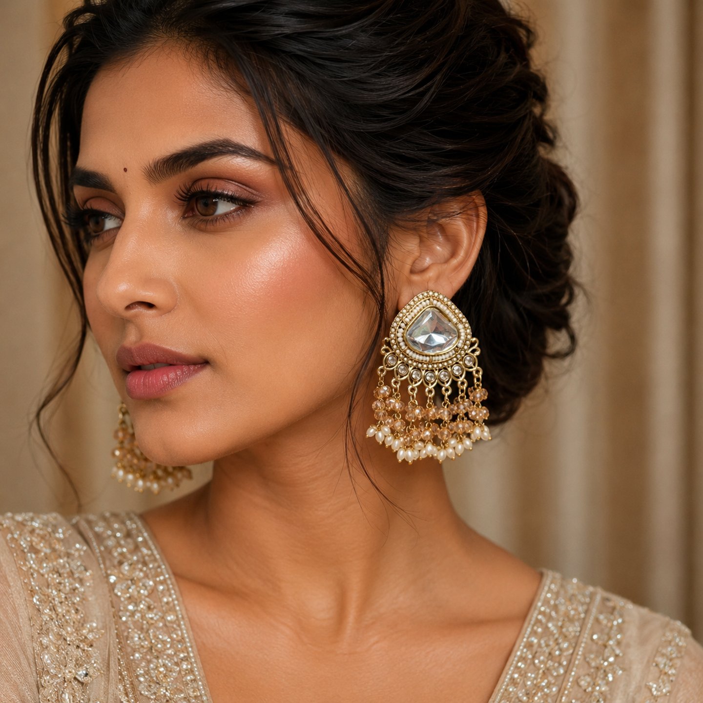 Maniya Acrylic Kundan Earrings with Hanging Pearls