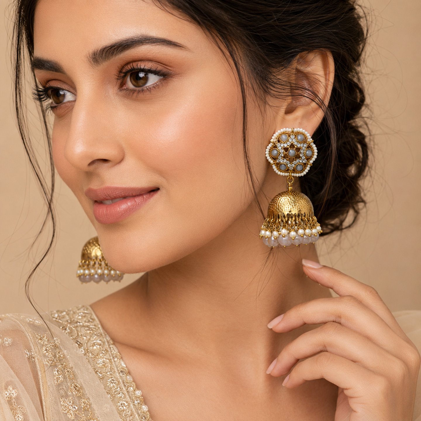 Monika Traditional Floral Stud Gold Jhumkas