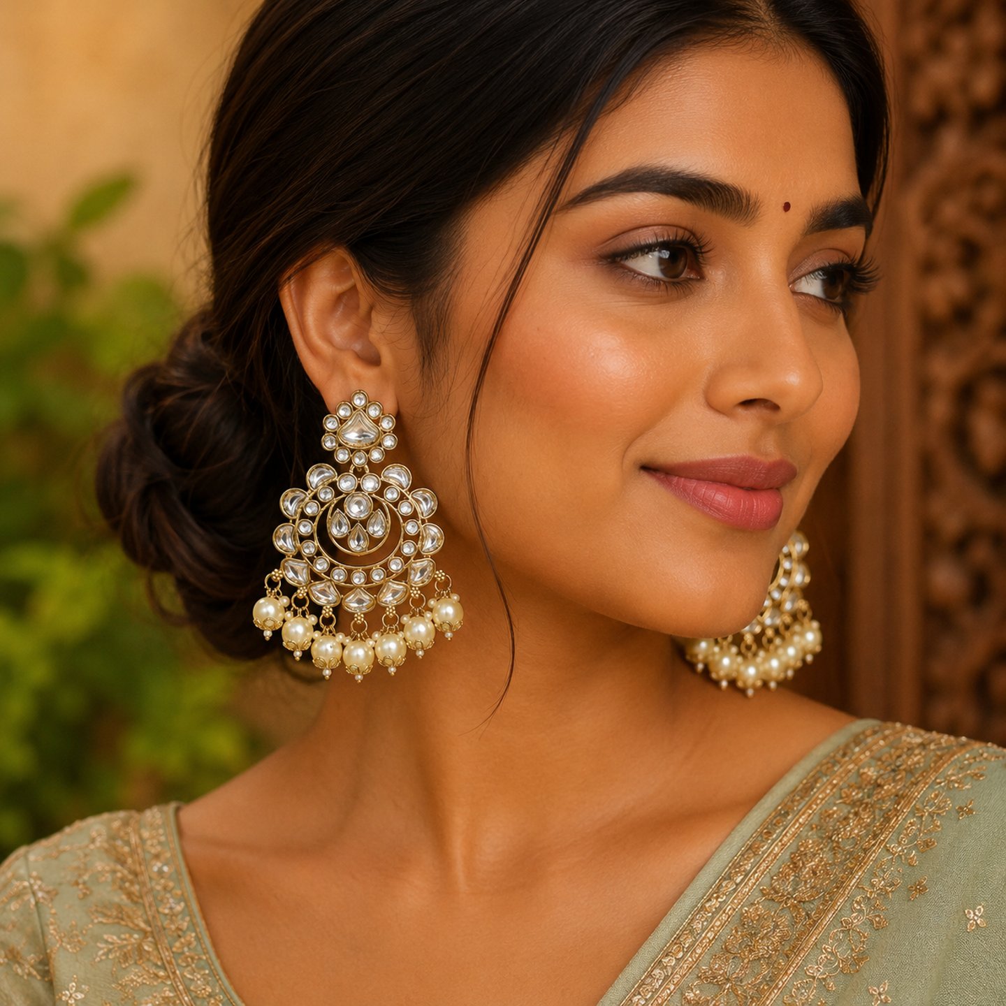 Mohini Kundan Chandbalis with coloured Hanging Pearls