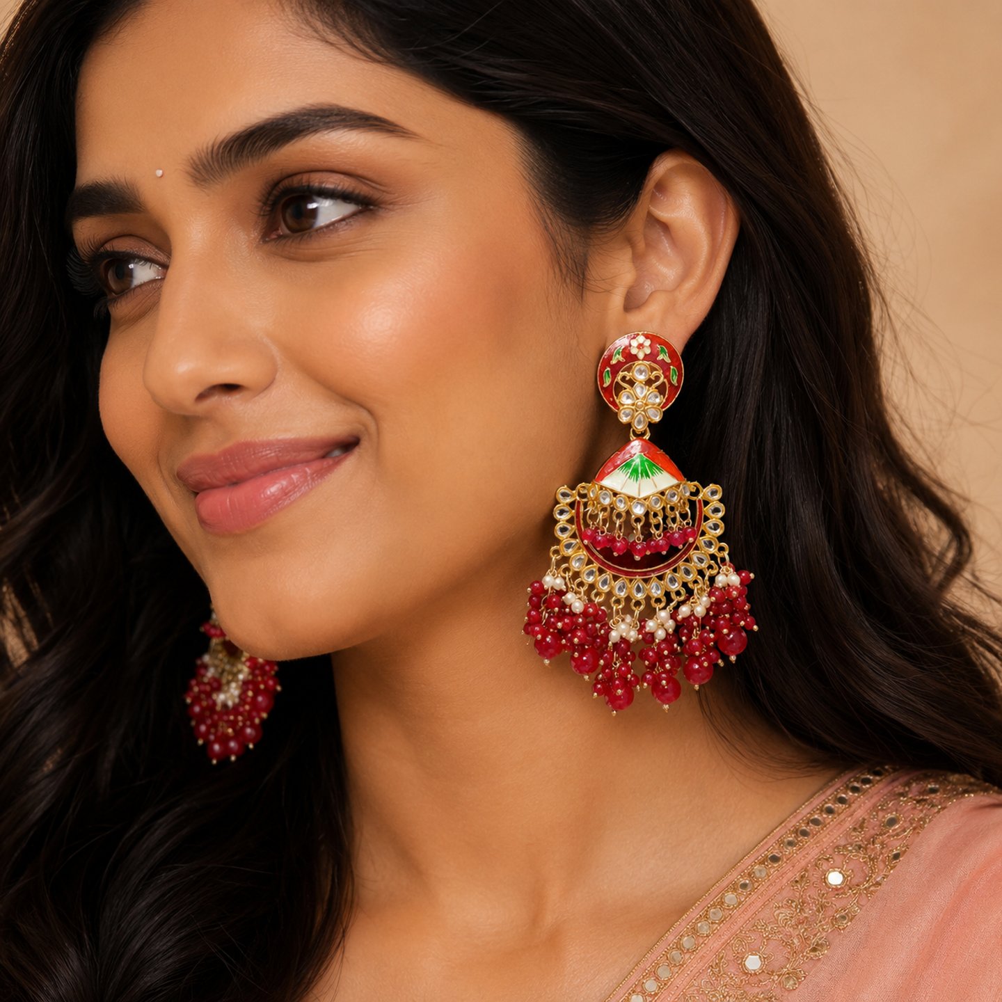 Anika Hand Painted and Kundan Chandbalis with Hanging Pearls