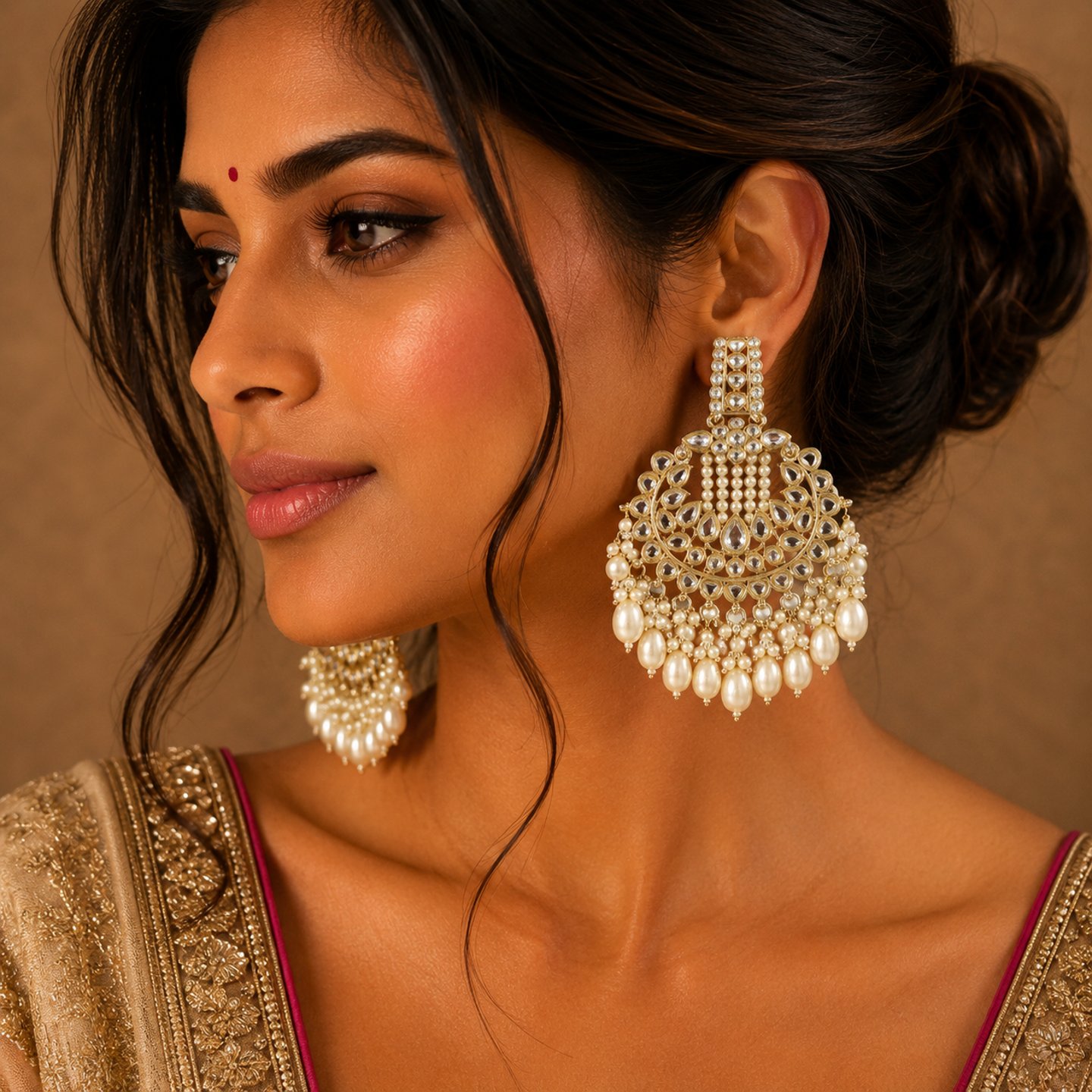 Vedika Kundan Studded Chandbalis with White Pearls