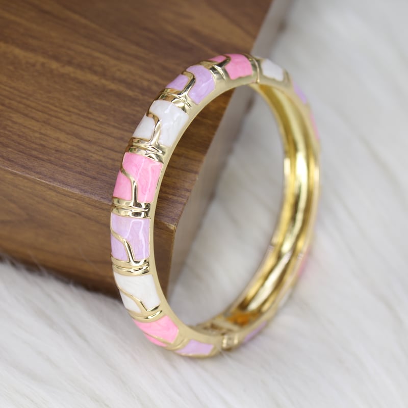 Trendy Gold Look Western Enamel Bracelet Bangle with Pink White and Lavender Mosaic Design for Women