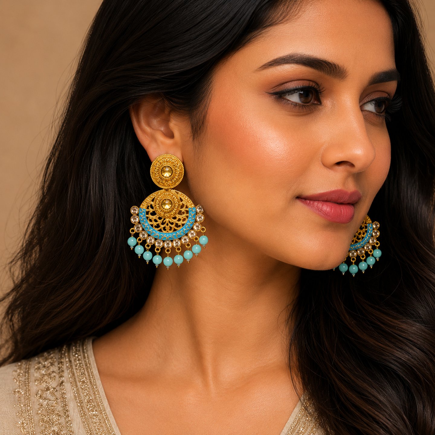 Mishka Gold Finish Kundan Earrings with Hanging Pearls