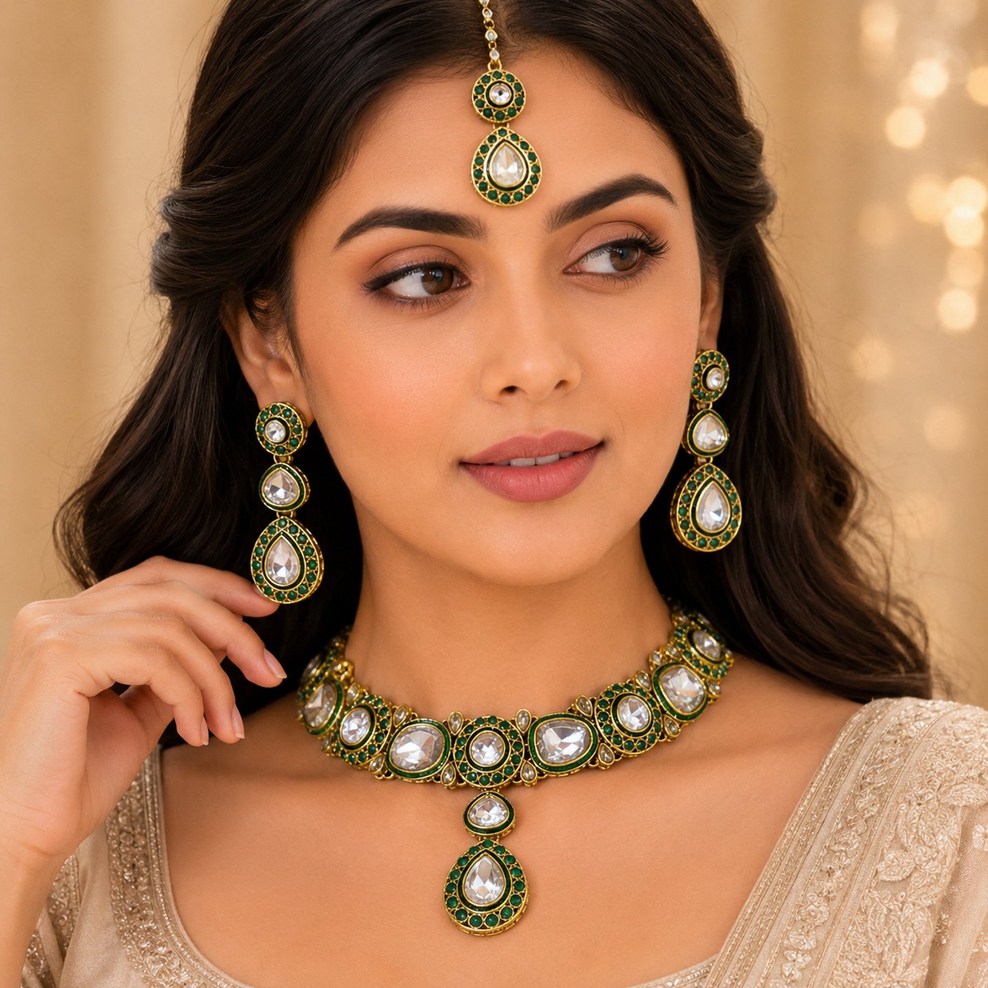 Shilpa Uncut Acrylic Kundan Necklace Set with Tikka