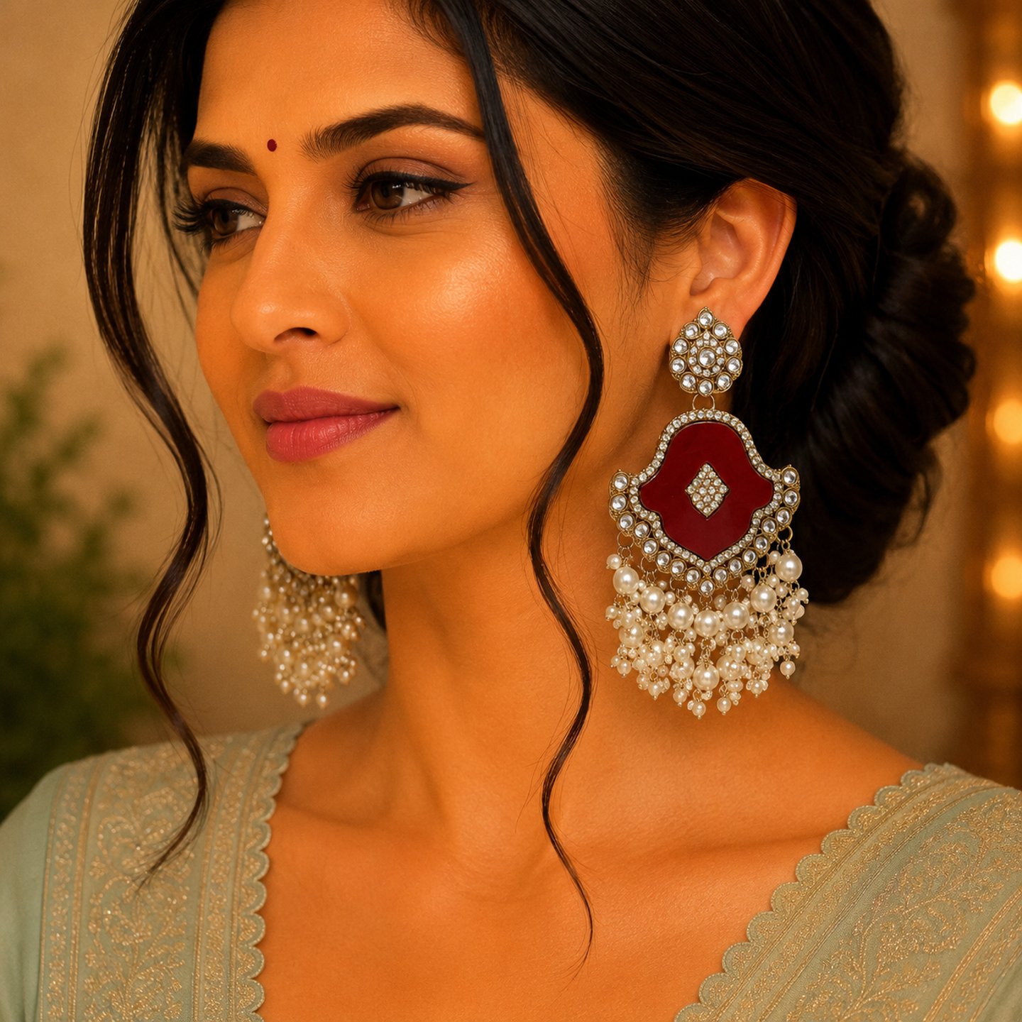 Nitesha Colorful MOP Kundan Earrings with Pearl Hangings