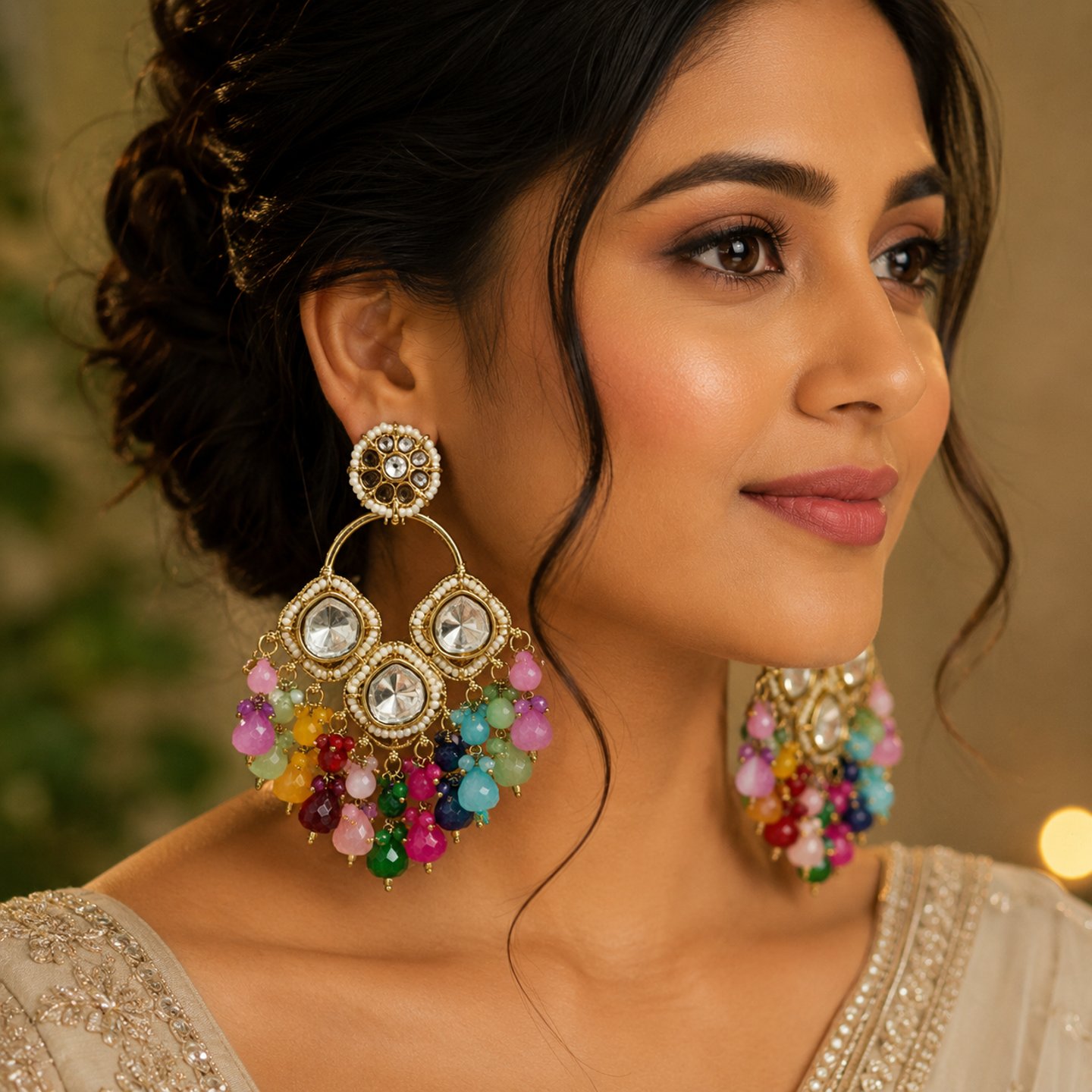 Priyanka Uncut Kundan Chandbalis with Colorful Hanging Pearls