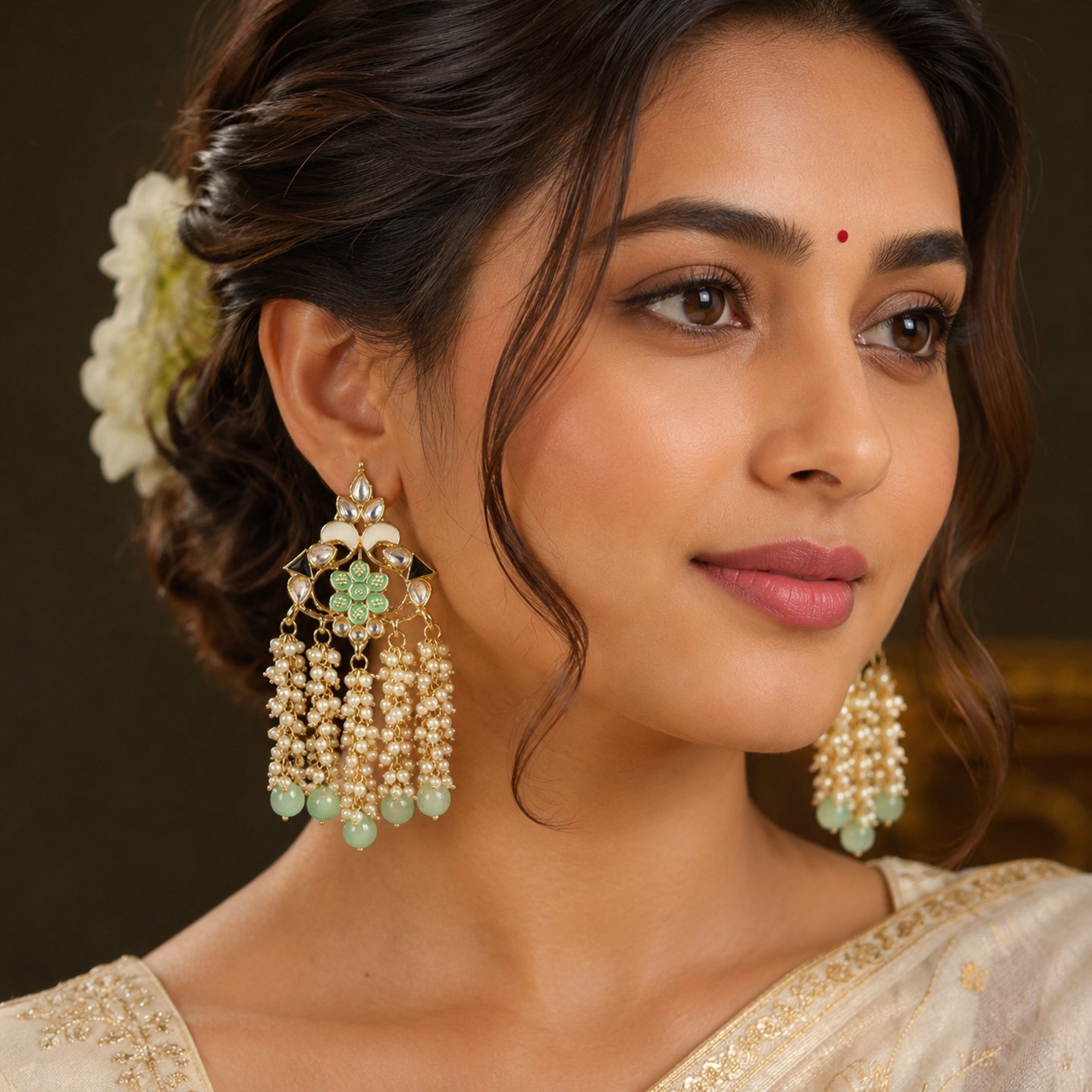 Vishakha Statement Earrings with Five Layer Pearls Latkan