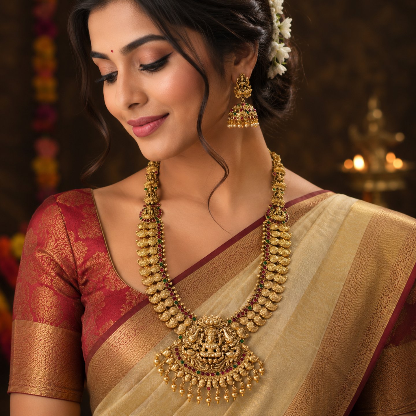 Ishika Traditional Antique Gold Temple Haram Necklace