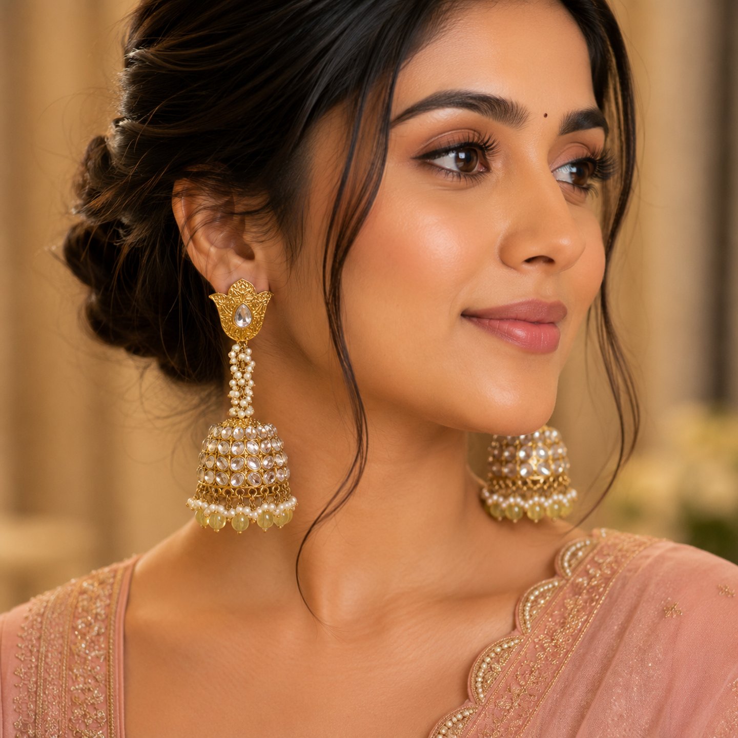 Preeta Pearl Work Long Kundan Jhumkas