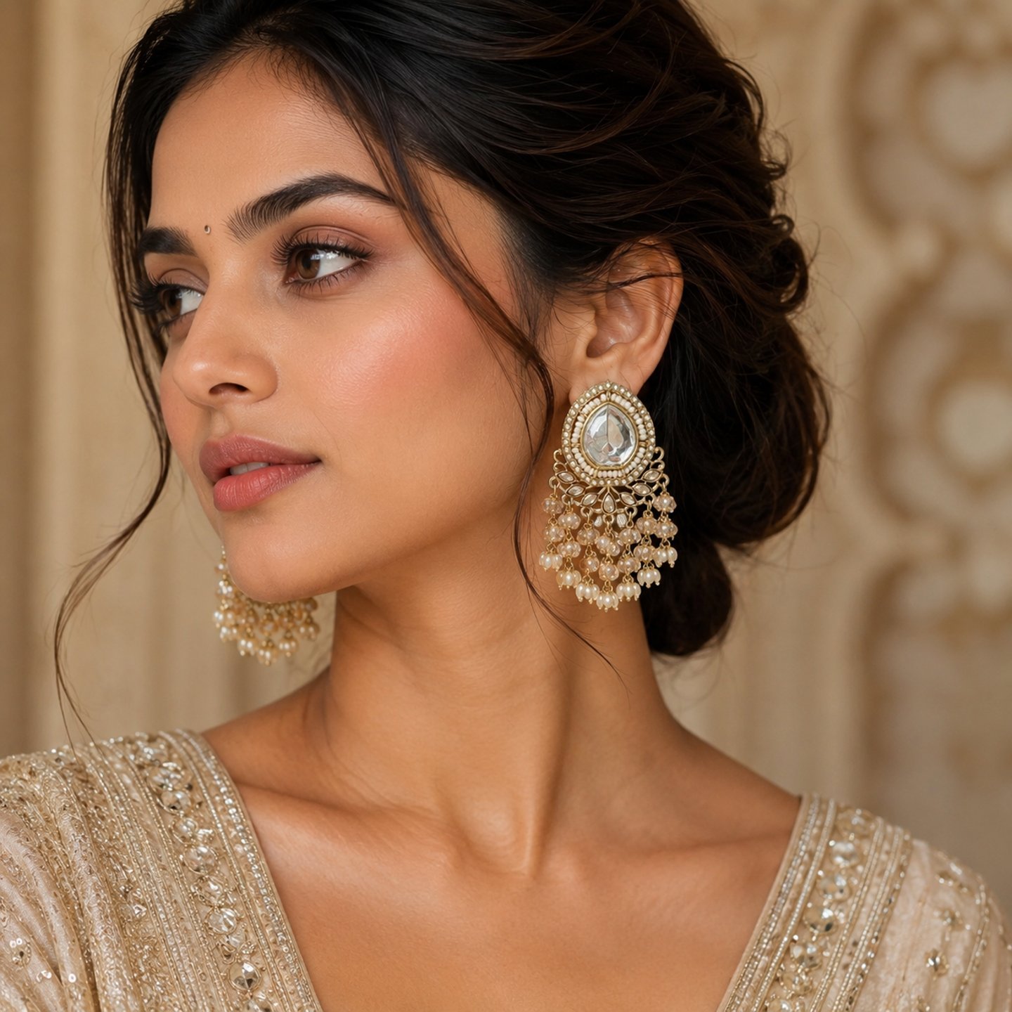 Vaishali Uncut Kundan Earrings with Hanging Pearls