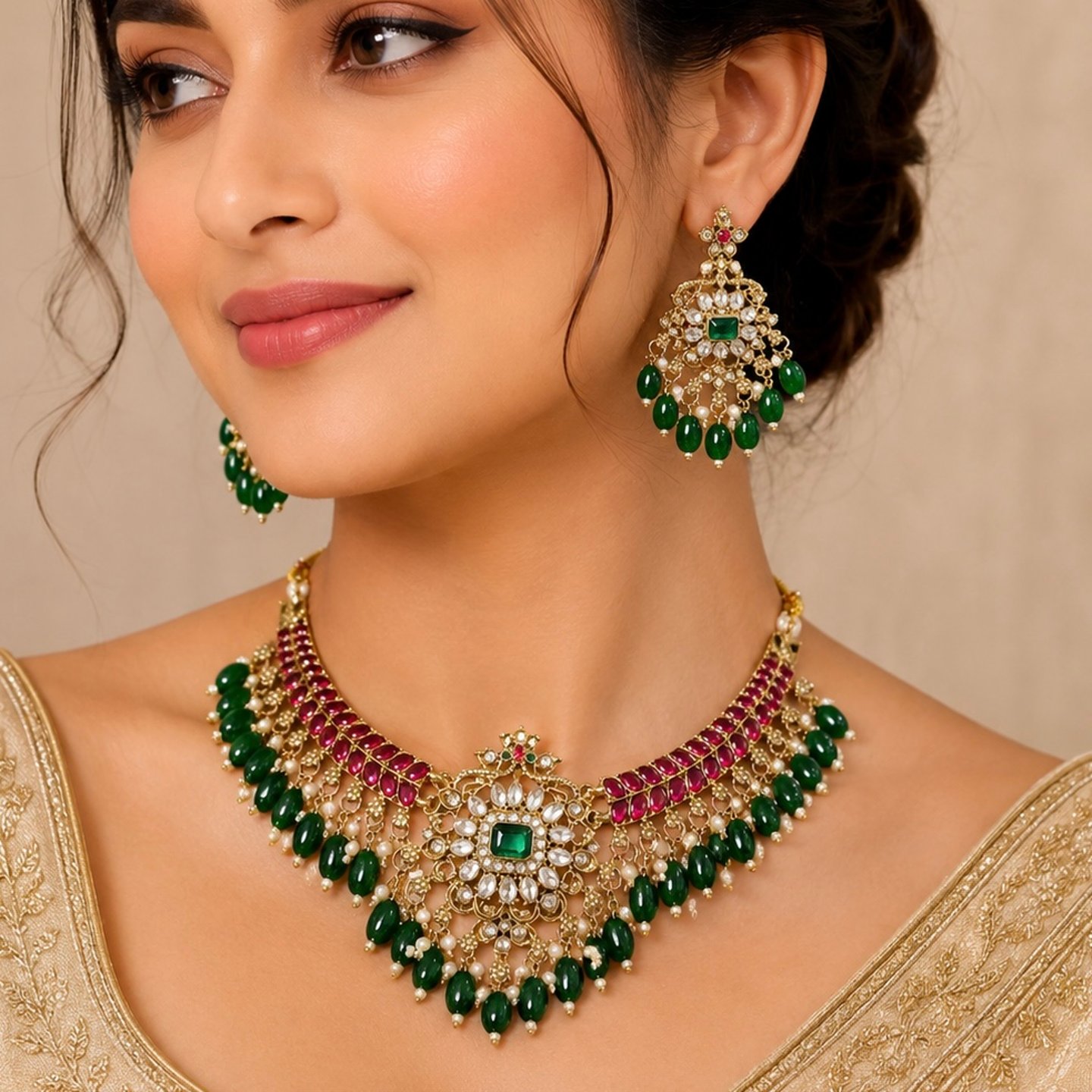 Taashi Traditional Necklace Set with Hanging Pearls